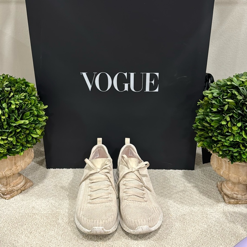 Gold metallic and cream knit Skechers Go cute walking shoes